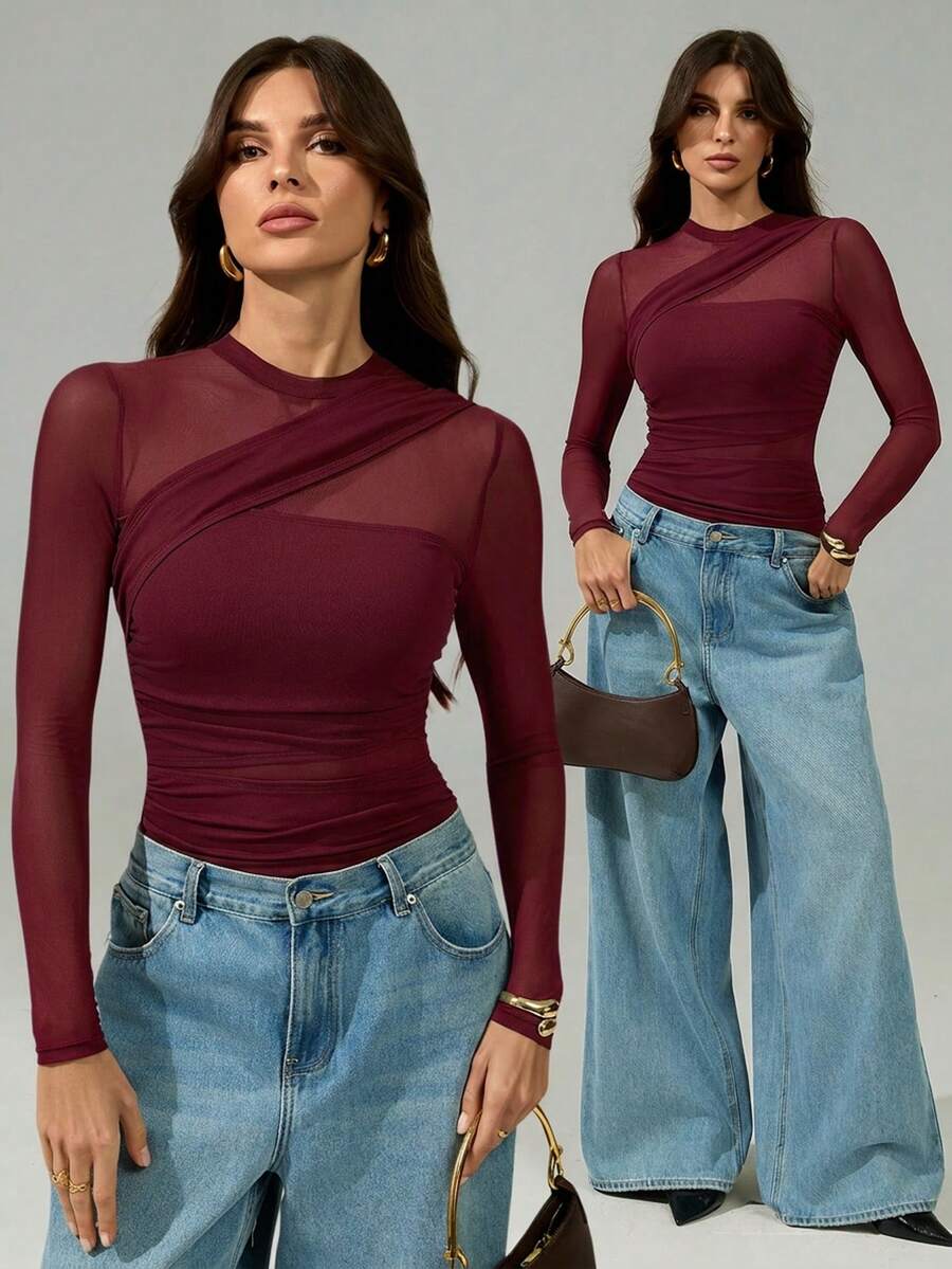 SHEIN Tall 女款棕色透視網紗長袖抓皺小高領緊身衣,適合雞尾酒會、浪漫約會、冬季內搭,適合高個女性 - 酒紅色 - 查看 1