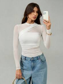 SHEIN Tall Bodysuit nữ màu nâu, tay dài lưới xuyên thấu, cổ giả cao nhún bèo, phù hợp cho tiệc cocktail, hẹn hò lãng mạn, mặc lớp lót mùa đông - trắng - Xem 7