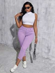 SHEIN Tall CURVE Quần skinny dáng lửng denim trắng co giãn size lớn cho nữ - Màu tím - Xem 7