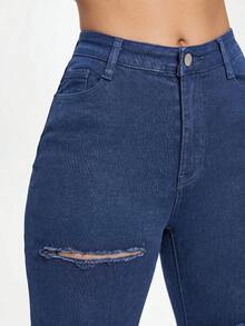 SHEIN EZwear Black Slant Pocket Ripped Skinny Jeans - Blue - View 6