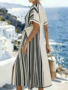 SHEIN Holidaya Abito lungo elegante da donna con scollo a V, maniche corte, asimmetrico, a righe, con patchwork, con fiocco davanti, abiti casual estivi da donna per vacanze, abiti da donna per vacanze in Grecia, abiti nautici da donna, abito Zanea da donna - Albicocca - Visualizzare 6