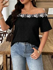 Weeklong Women's Plus Size Spring/Summer Casual Off-Shoulder Contrast Color Ruffle Trim Textured Knit Fabric T-Shirt - Black - View 5