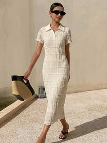 DAZY Summer Women's Elegant Style Lapel Contrast Color Striped Sweater Dress - White - View 3