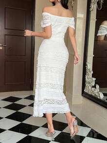 DAZY Spring/Summer Women's Elegant Style Lace Solid Color Midi Dress Sundress - White - View 2