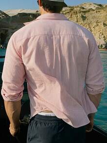 DAZY Spring/Summer Pink Striped Loose Fit Plus Size Men's Shirt - Pink - View 2