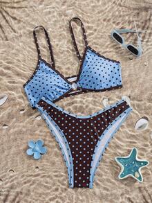 Swim Mod 女款圓點印花比基尼胸罩與三角內褲泳裝套裝，適合海邊度假 - 彩色 - 查看 5