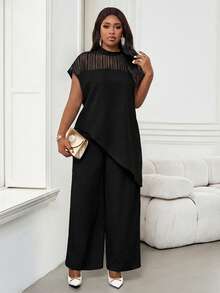 SHEIN Lady Plus Size Women's Mesh Patchwork Asymmetric Hem Black Top Cocktail Party Dinner Summer Elegant - Black - View 4