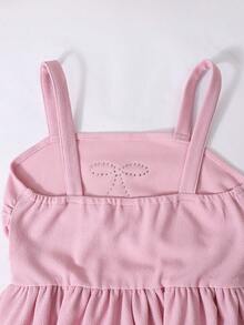 SHEIN Elladie kids 女童优雅纯色3D珍珠蝴蝶结吊带裙，腰部褶皱设计，新款春夏款，适合外出、聚会、旅行、度假 - 粉色 - 查看 5