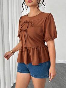 Elenzga Plus Size Women's Summer Solid Color Round Neck Puff Short Sleeve, Front Bow Tie, Cropped Ruffle Hem Blouse - Brown - View 5