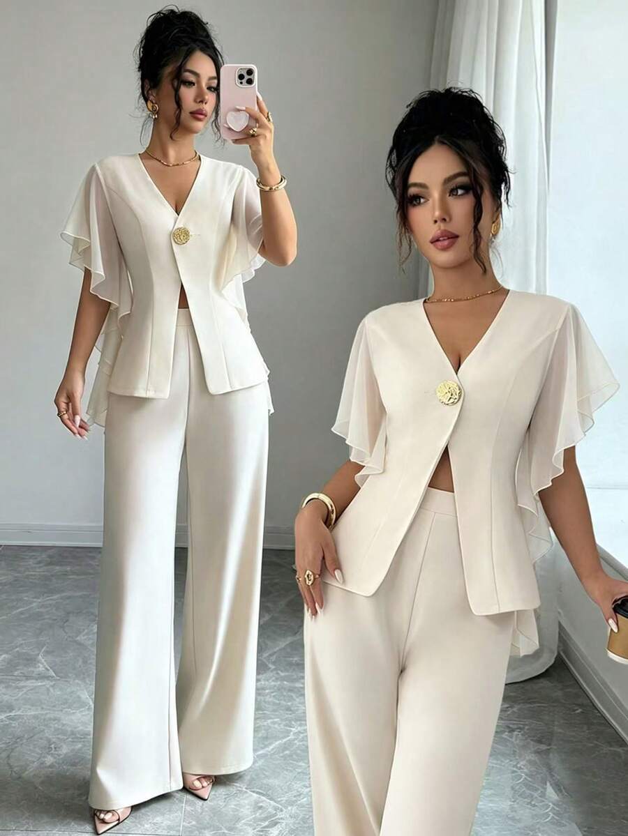 Selianne Summer French Elegant Exquisite V-Neck Casual Commute Chiffon Ruffle Sleeve Exaggerated Metal Button Decor Jacket And Long Pants 2pcs Set Office White - Apricot - View 1