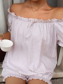 Dazy Plus Solid Color Chiffon Ruffle Trim Off-Shoulder Short Sleeve Loose Blouse Cute Elastic Waist Short Pajama Pants Plus Size Women Spring Summer Pajama Set - Apricot - View 5