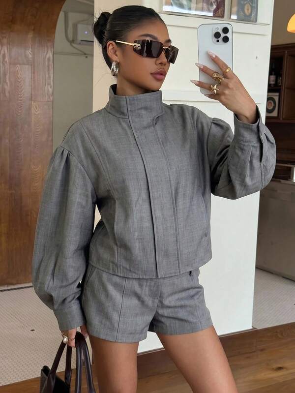 Muchica Women's Solid Color Long Sleeve Casual Business Casual Jacket And Shorts Set Autumn Set Work Office Outfits For Women Elegant Formal Wear Grey