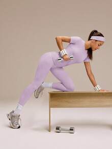 GLOWMODE Seamless Workout Shirt Slim Fit Short Sleeve Sports Tees Gym Athletic Tops Summer - Mauve Purple - View 8