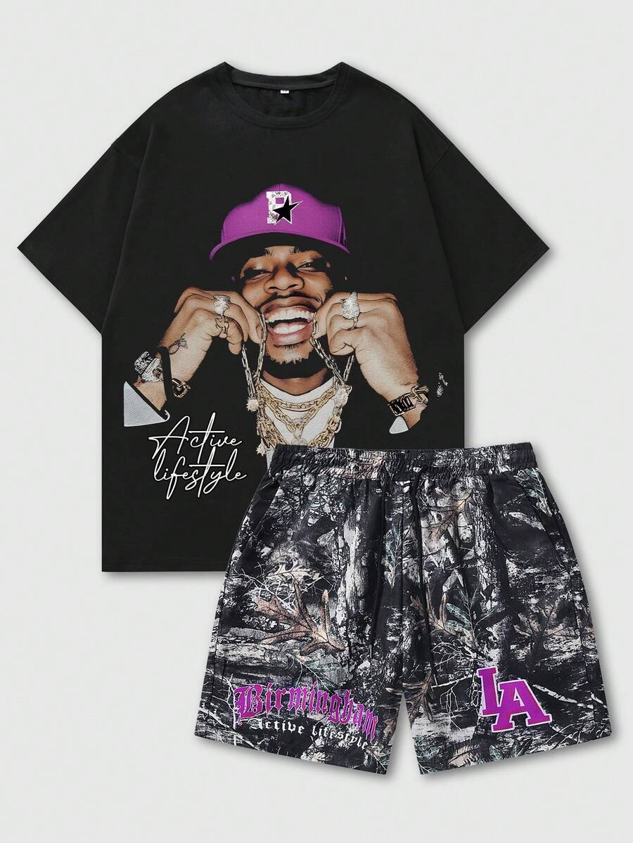 ROMWE MEN Street Life Conjunto de camiseta de manga corta y pantalones cortos con estampado de personajes para hombre, adecuado para primavera y verano - Negro - View 1