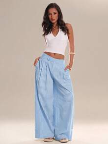 Avantive Women's Casual Loose Light Blue Wide Leg Long Pants Vacation Summer - Baby Blue - View 5
