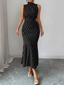 Rafferiza Women's Red Polka Dot Waist-Cinched Slimming Bodycon Mermaid Dress - Black - View 6
