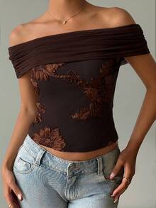 Aloruh Women's Slim Fit Fashionable Sexy Pleated Off-Shoulder Jacquard Top Night Out Brown Floral Summer - Coffee Brown - View 3
