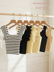 SHEIN [Randomly Select 6 Groups, Send 1 Groups]! Surprise Gift Package!!Surprise Box !! Young Girl Striped Square Collar Cap Sleeve Knit Top,Ruffle Trim Ho - Multicolor - View 2