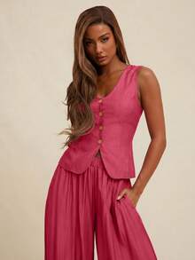 NYA SZN Matching Set Top & Pant Vest Plunge Neck Button Up Fitted High Rise Flowy Pleated Office Business  Everyday Casual Brunch Modest Outfits For Women - Red - View 4