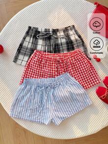 Comfortcana Setelan 3 Potong Celana Pendek Kasual Musim Panas Wanita Motif Kotak-kotak & Garis-garis - MultiWarna - View 3