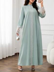 Al Najma Women's Contrast Lace Stand Collar Long Sleeve Elegant Arabian Dress - Green - View 6