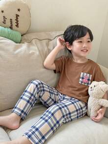 夏秋季小男孩兩件套，簡約休閒灰色圓領短袖上衣搭配藍色格紋長褲，居家服 - 棕色 - 查看 9