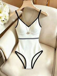 SHEIN Franclia 女士新款撞色滚边V领吊带连体衣 - 黑與白 - 查看 1