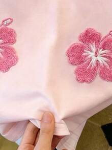 Girls' Pink Short T-Shirt With All-Over Floral Print, Basic Versatile Casual Top For Daily Wear, Suitable For Outings And Street Style, Spring, Summer, Autumn - Multicolor - View 5