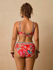 Travachic Plus Size Women's Summer Beach Vacation Floral Print Backless Tie-Front Bikini Set Set - Multicolor - View 2