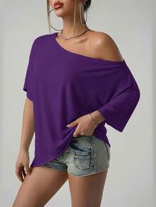 SHEIN ICON American Street Casual Style Asymmetrical Shoulder Loose Fit T-Shirt Solid Black - Purple - View 3