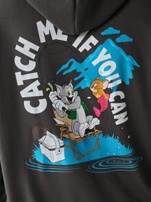 Strevion TOM & JERRY 男士休闲百搭汤姆和杰瑞元素印花连帽卫衣，秋冬款 - 深灰色 - 查看 3