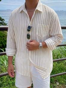 DAZY Spring White Striped Long Sleeve Men's Shirt - White - View 5