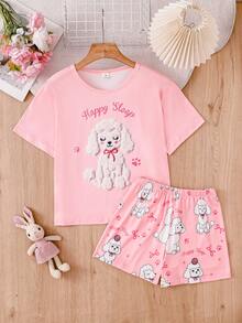 Casual Pullover Children's 10 Years Old Tween Girls Apricot Base Color Cute Puppy Print Pattern Short Sleeve Shorts Home Wear Summer Set - Pink - View 11
