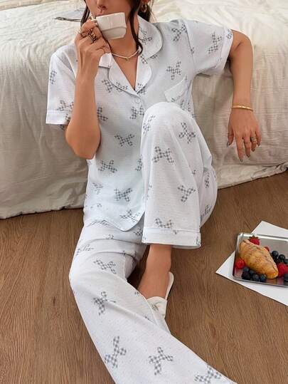 Napfluff Bubble Crinkle Polka Dot Bow Print Short Sleeve Long Pants Pajama Set
