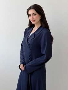 Yasmeen Edit Yasmeen Edit Elegant Abaya Jacket With Headscarf, Padded Shoulders, Solid Color, Front Button Closure, Side Slit Spring - Navy Blue - View 3