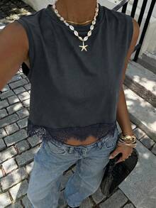 Siren Gaze Spring/Summer New Solid Color Lace Patchwork Tank Top - Dark Grey - View 3