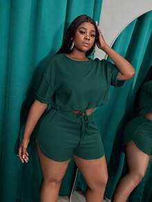 Slaydiva Slayr Plus Casual Solid Color Fitted Drawstring Split Women's Plus Size Two Pieces Outfits,Set,Summer,Two Pieces - Dark Green - View 8