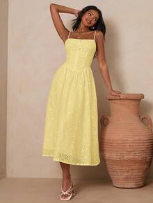 Enchnt Women's Vacation Hollow Embroidery Button Design Elegant Cami Dress Vacation Pale Yellow Summer - Yellow - View 6