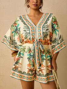 Travachic Plus Size Women's V-Neck All-Over Print Casual Filipiniana Boho Bohemian Daily Wear Romper Autumn Beach Vacation Cream - Multicolor - View 1