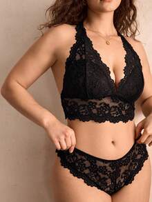 Charlaine Plus Size Women's Lace Underwear Set With Faux Pearl Decorations, Bra & Panty Set, Lingerie - Black - View 5