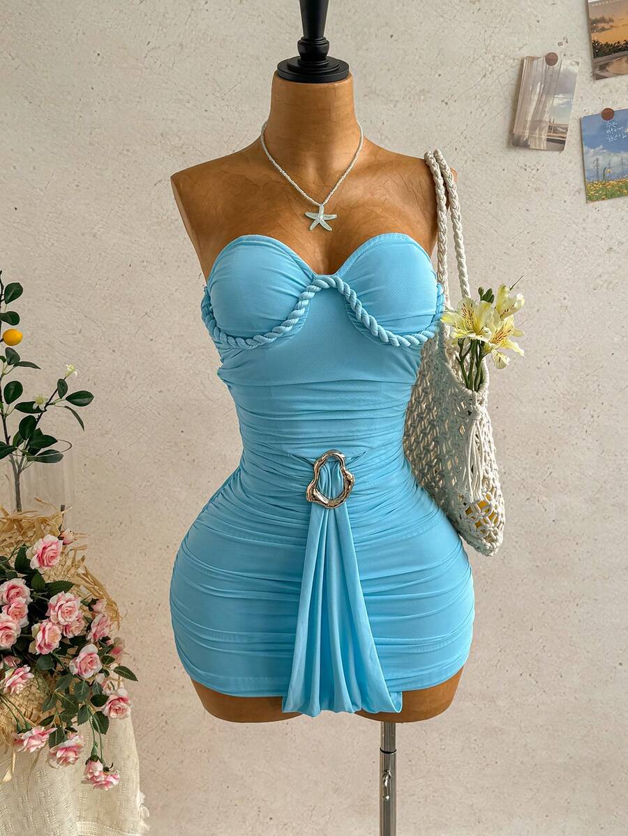 Soleia Women's Fashion Elegant Tropical Beautiful Sexy Summer Fresh Bandeau Dress Beach Vacation Light Blue - Blue - View 1