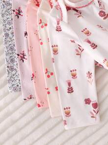 [Random 5 Sets, 2 Sets Sent] Newborn 0-12 Months Home Jumpsuit, Forest Style Ditsy Floral With Chain Craft Contrast Color, Fresh Style, Long Sleeve Footed, Open Crotch Snap Design, Easy To Put On And Take Off, Home Leisure, Daily Outings, Spring And Summer, All Seasons - Multicolor - View 5