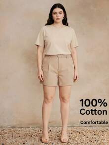 Anewsta Spring/Summer Minimalist Solid Color All-Match Versatile Plus Size Short Sleeve Comfortable Casual 100% Pure Cotton Women's Plus Size T-Shirt - Apricot - View 4