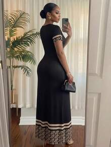 SHEIN Lady 大尺碼夏季休閒拼色條紋幾何印花洋裝 - 彩色 - 查看 2