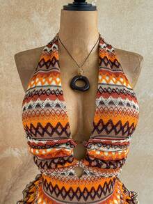 Soleia Mono de mujer estilo vacaciones de playa con cuello halter, lazo, multicapa, patrón bohemio de rayas geométricas y fruncido - Multicolor - Ver 4