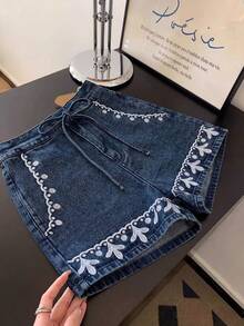 Qadelle Women's Botanical Embroidery Tie-Waist Pocket Denim Shorts - Blue - View 2