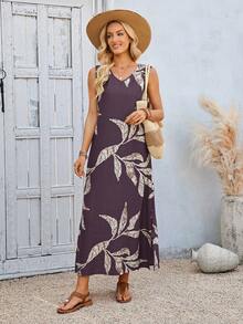 EMERY ROSE Casual Boho Leaf Pattern V-Neck Long Women's Dress Suitable For Spring And Summer Vacation Dark Purple - Brown - View 3