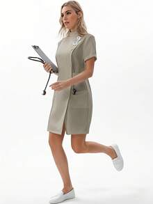 TaskEZ 女式手术服制服纽扣前开襟医院护士手术服连衣裙实验服 - 駝色 - 查看 5