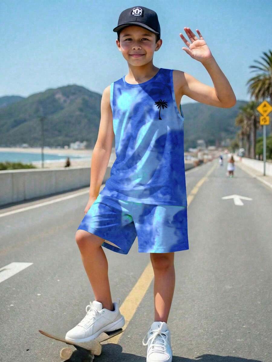 Tween Boy Casual Simple Fashion Versatile Tie-Dye Vacation Style Beach Leisure Sporty Loose Soft Comfortable Tank Top & Shorts 2pcs Set Suitable For Spring And Summer - White - View 1