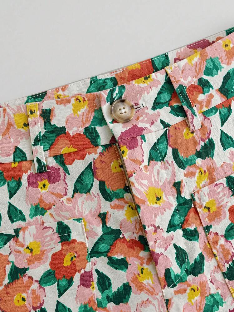 Floral High-Waisted Shorts With Front Patch Pockets Vintage Summer Holiday Casual French Shorts
